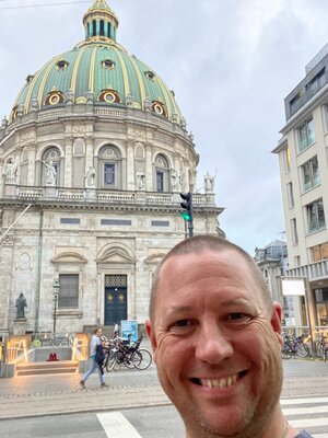 Pim posing in front of Frederik's church