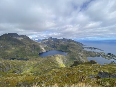 Looking down on the dark-water lakes below