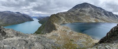 Stunning panorama of Gjende, Bessvatnet and the Besseggen ridge between