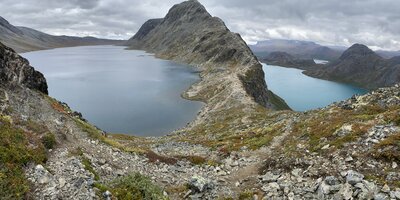 Stunning panorama of Gjende, Bessvatnet and the Besseggen ridge between