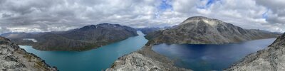 Full-lake wide angle panorama of Gjende (blue), Besseggen and Bessvatnet (black)