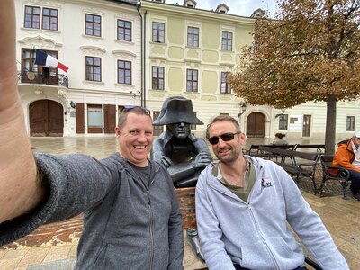 Pim and Paul posing with Napoleonský vojak (Napoleon's Army Soldier) 