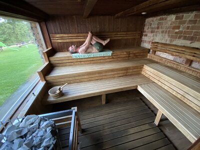 The 100C sauna of our Spa/Hotel in Dunakiliti, Hungary<br />Paul in fetal position